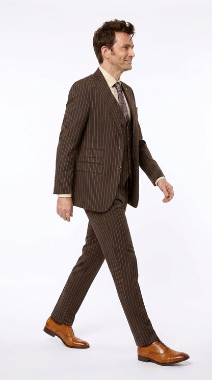 Men’s Doctor Who Inspired Brown Pinstripe 3-Piece Suit – Retro Vintage Wedding, Costume & Formal Suit