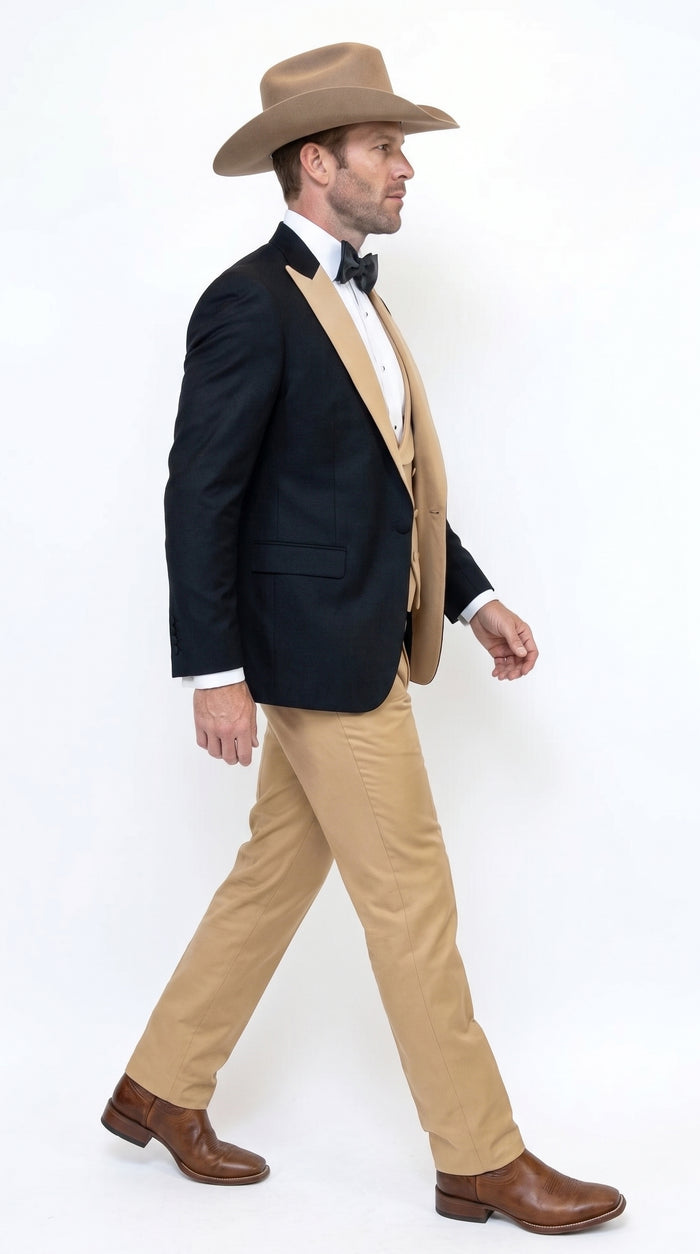 Men's Western Khaki Cowboy Tuxedo Suit – Black & Tan Beige  Peak Lapel 3-Piece Vested Formal Cowboy Suit