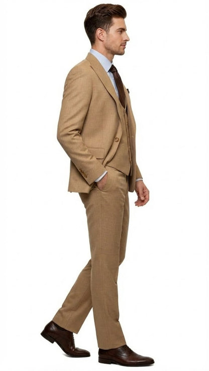 Men's Tan Three-Piece Suit with Vest – Classic Tailored Fit  in camel khaki Bronze color By Rossiman
