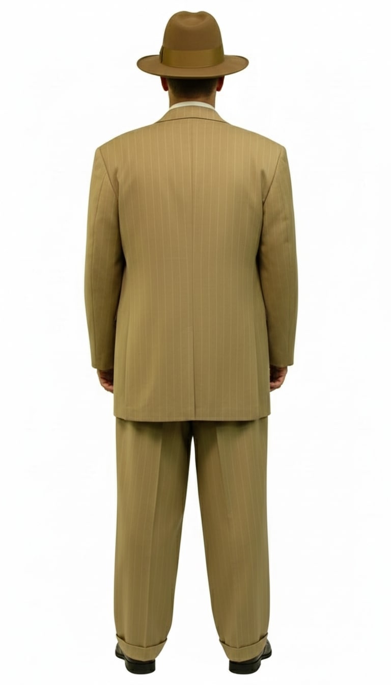 Mens Tan Pinstripe Zoot Suit – 1920s Gangster Vintage 3-Piece Suit with Wide-Leg Pants