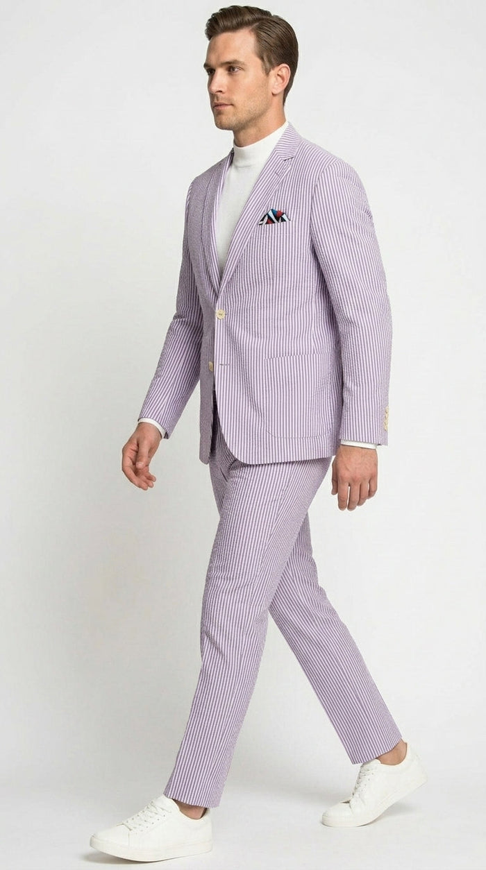 Men’s Lavender Seersucker 2 Piece Suit, Lightweight Summer Blazer and Pants Set for Weddings, Parties, Prom, and summer fabric