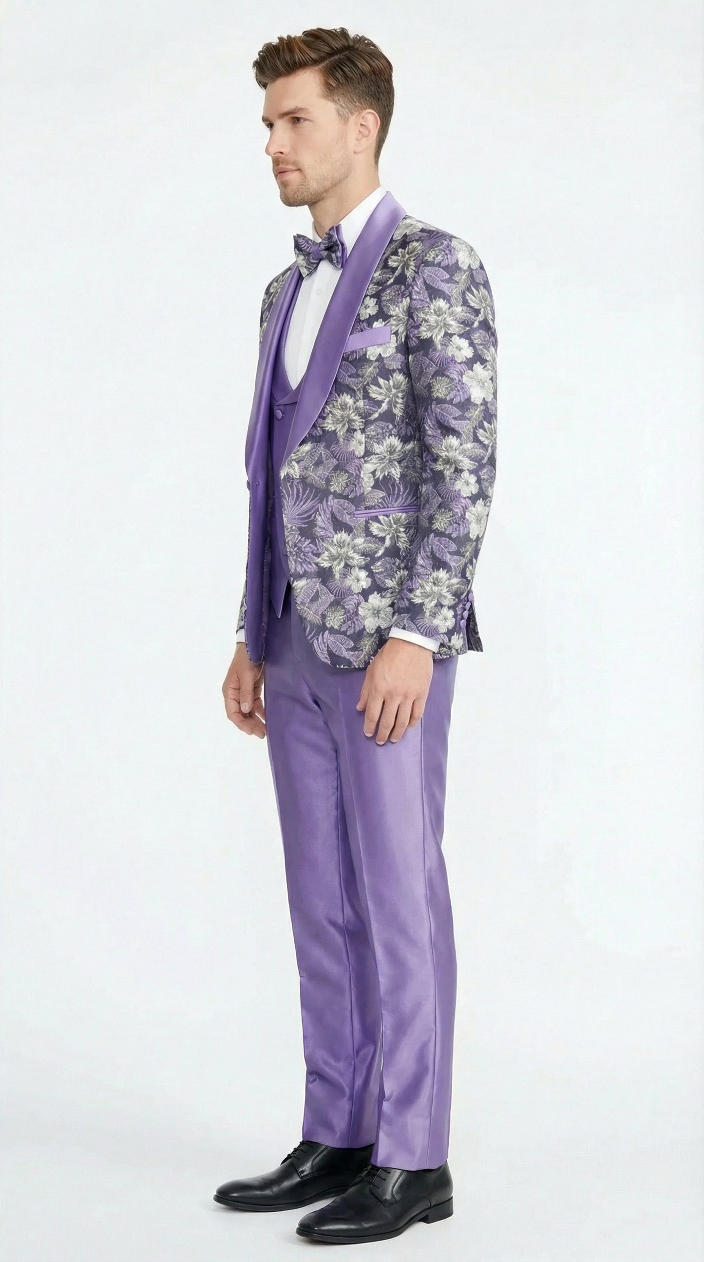 Men’s Purple Floral Prom Suit with Shawl Lapel – Luxury Formal Tuxedo Outfit for Prom, Wedding and Special Events