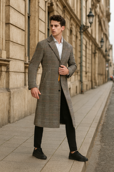 Men’s Full length  Long Plaid Overcoat – Classic Checkered Wool Blend Winter Coat in Gray Color Checkered 5   - from alligatorwarehouse.com