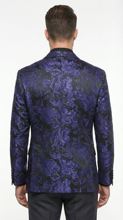 Mens Royal Blue Paisley Jacquard Blazer – Luxury Pattern Tuxedo Dinner Jacket with Black Satin Lapel for Wedding, Prom With Bowtie