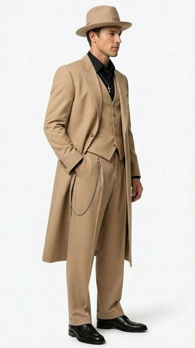 Men’s 1920s Beige Zoot Suit – Long Mafia Gangster Three-Piece Suit in Tan Khaki Color 40 inch Zuit Pachuco Suit 3   - from alligatorwarehouse.com