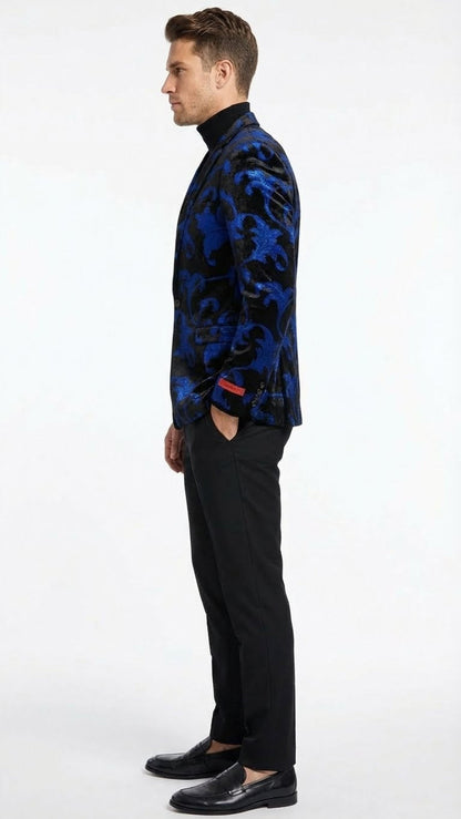 Men’s Black and Royal Blue Patterned Blazer – Paisley Floral Sport Coat Prom Jacket