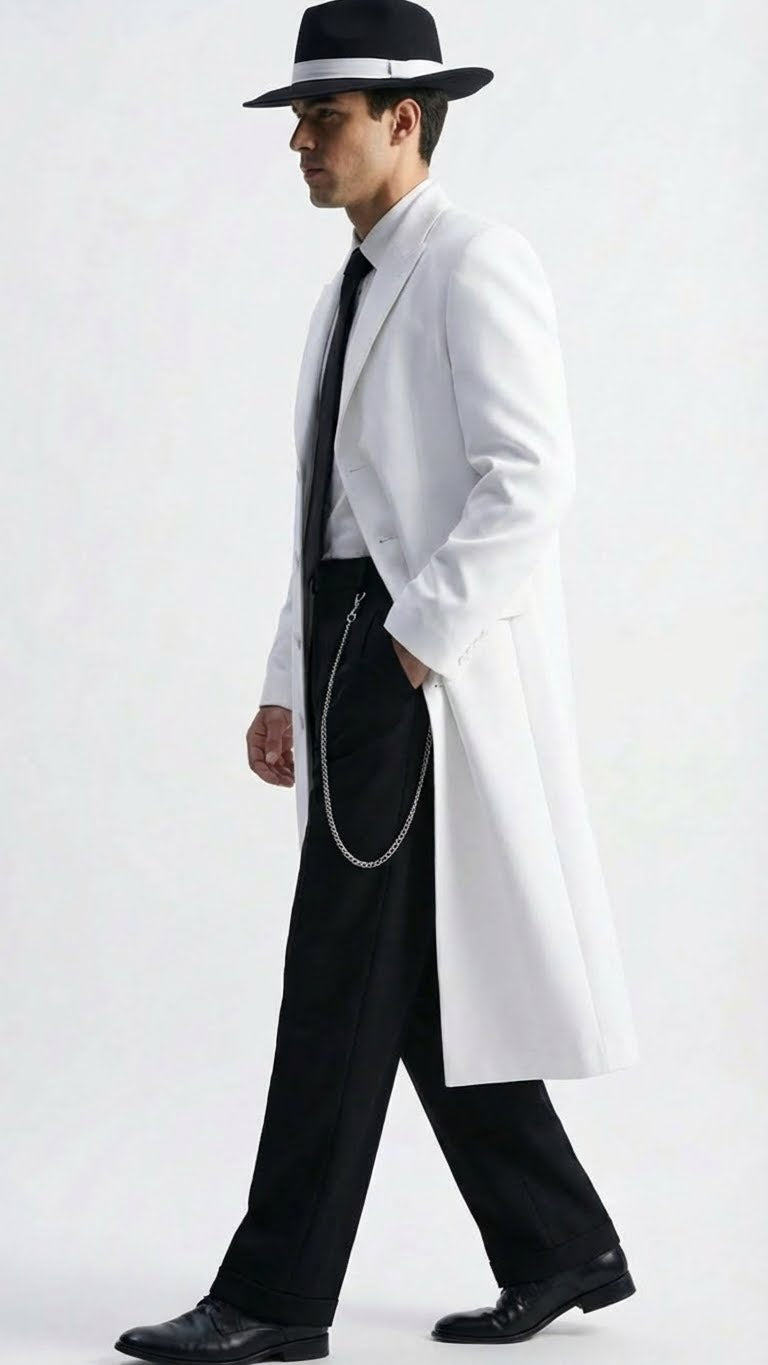Men’s White Long Zoot Style Suit  | Vintage Gangster Mafia Formal Coat with Black Pants