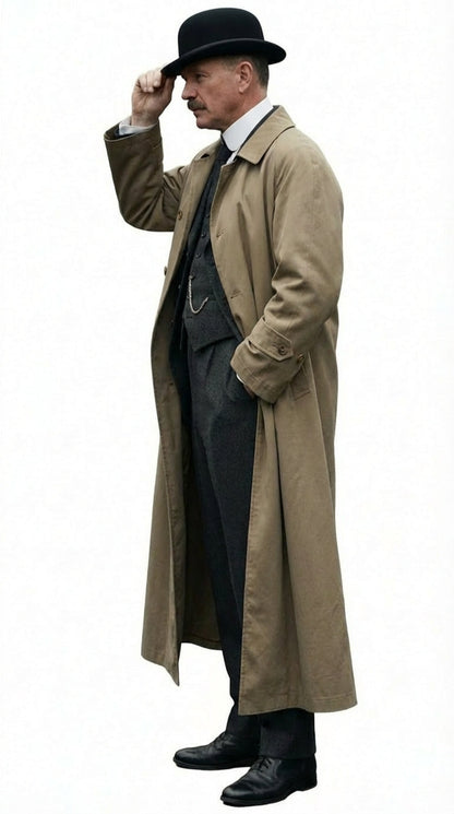 Men’s Beige Cotton Trench Coat Suit Package – Classic Long Overcoat for Formal + Suit + Hat