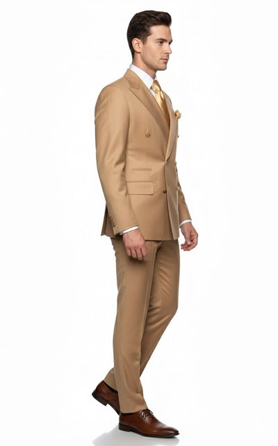 Mens Camel - Bronze - Goldish khaki Double-Breasted Suit – Luxury 2-Piece Formal Set with Gold Buttons and Peak Lapels by Rossi Man 3   - from alligatorwarehouse.com