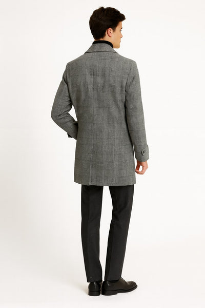 Mens Grey Plaid Double-Breasted Overcoat with Black Faux Fur Collar – Classic Winter Peacoat 3   - from alligatorwarehouse.com