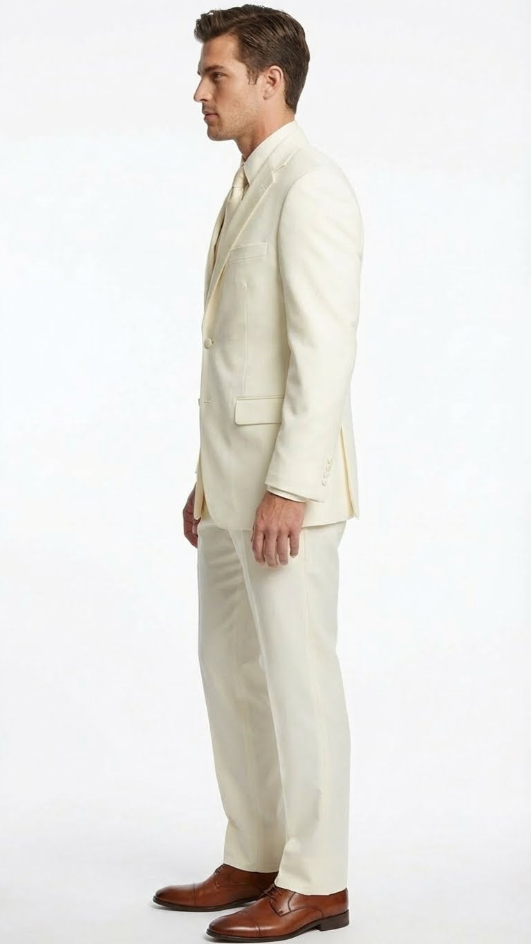 Men’s Ivory Tuxedo Suit with Satin Notch Lapel – Formal Wedding and Evening Wear Suit in Cream Off White Color