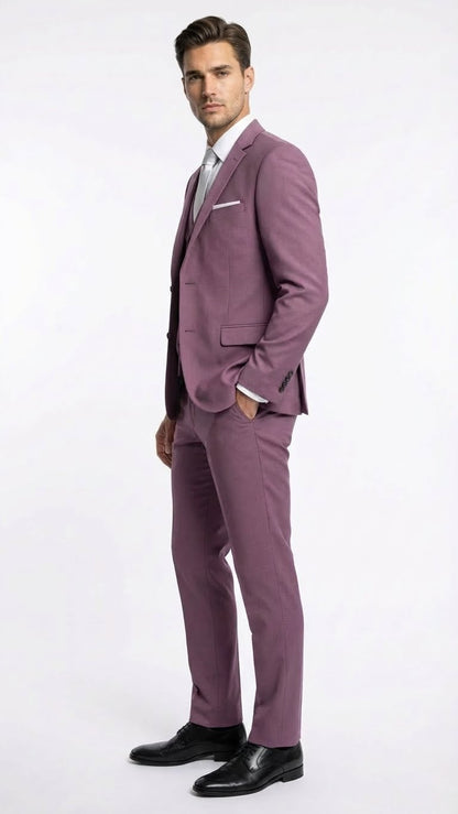Men’s Mauve Three-Piece Suit – Slim Fit Formal Blazer, Vest, and Trousers for Weddings Rose Gold Pinkish Color