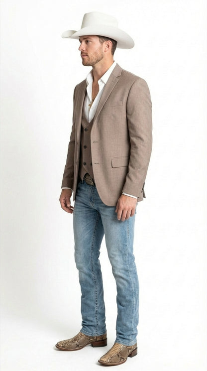 Men’s Light Grey Cowboy Blazer with Double breasted Vest – Western Two Piece Suit Pants included