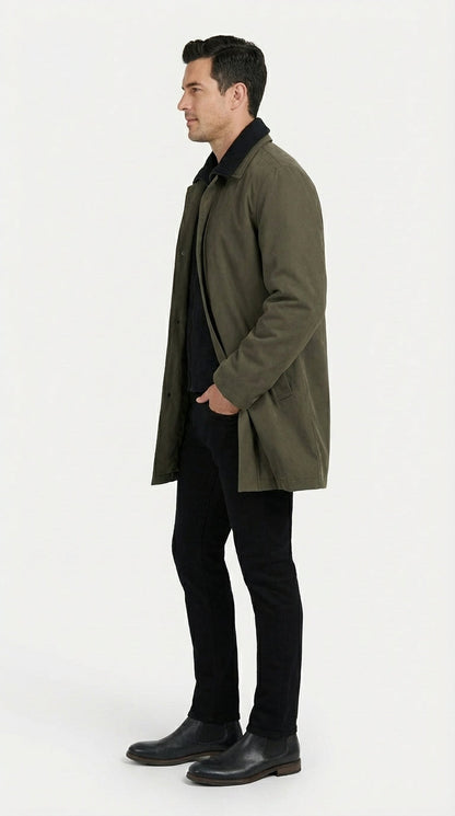 Mens Olive Brown Trench Coat Raincoat – Classic Water Resistant Long Coat with Zip and Button Closure for Business, Travel and Everyday Outerwear