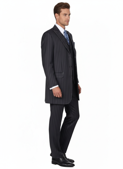 Men's Three Button Suits -  Navy Blue Pinstripe Three-Piece Suit – Classic Business and Formal Wear with Tailored Fit