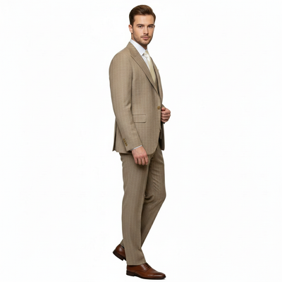 Men’s Beige Pinstripe Three-Piece Suit – Classic Fit Formal Suit with Vest and Flat-Front Pants in Tan Stripe By Rossiman 3   - from alligatorwarehouse.com
