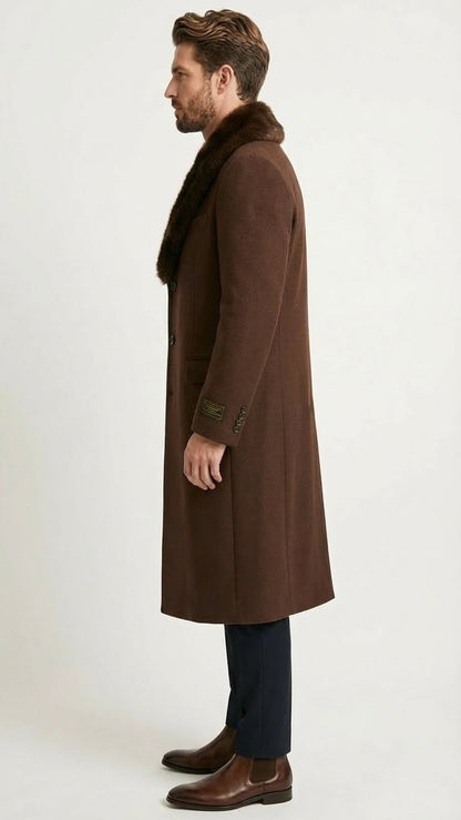 Men’s Brown Long Overcoat with Faux Fur Collar – Classic Winter Formal Coat Three Quarter Carcoat Wool and Cashmere Fabric