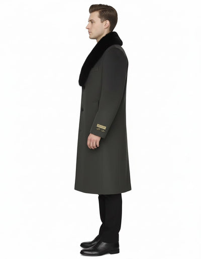 Mens Full Length Olive Overcoat with Black Fur Collar – Luxury Wool Fabric Winter Long Coat in Hunter Green 3   - from alligatorwarehouse.com