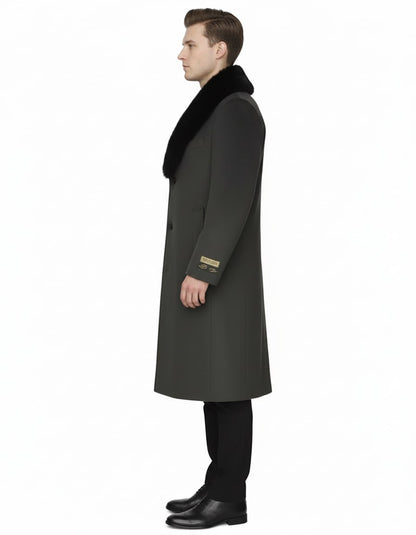 Mens Full Length Olive Overcoat with Black Fur Collar – Luxury Wool Fabric Winter Long Coat in Hunter Green
