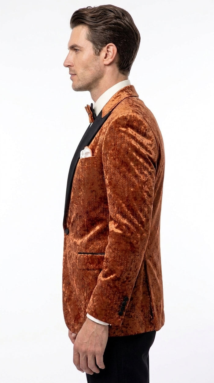Men’s Burnt Orange Sequin Velvet Blazer – Kingsman Golden Bee Inspired Black Peak Lapel Dinner Jacket