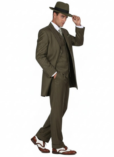 Mens Olive Green Pinstripe Zoot Suit – 1920s Gangster Vintage 3-Piece Suit for Formal and Themed Events 3   - from alligatorwarehouse.com
