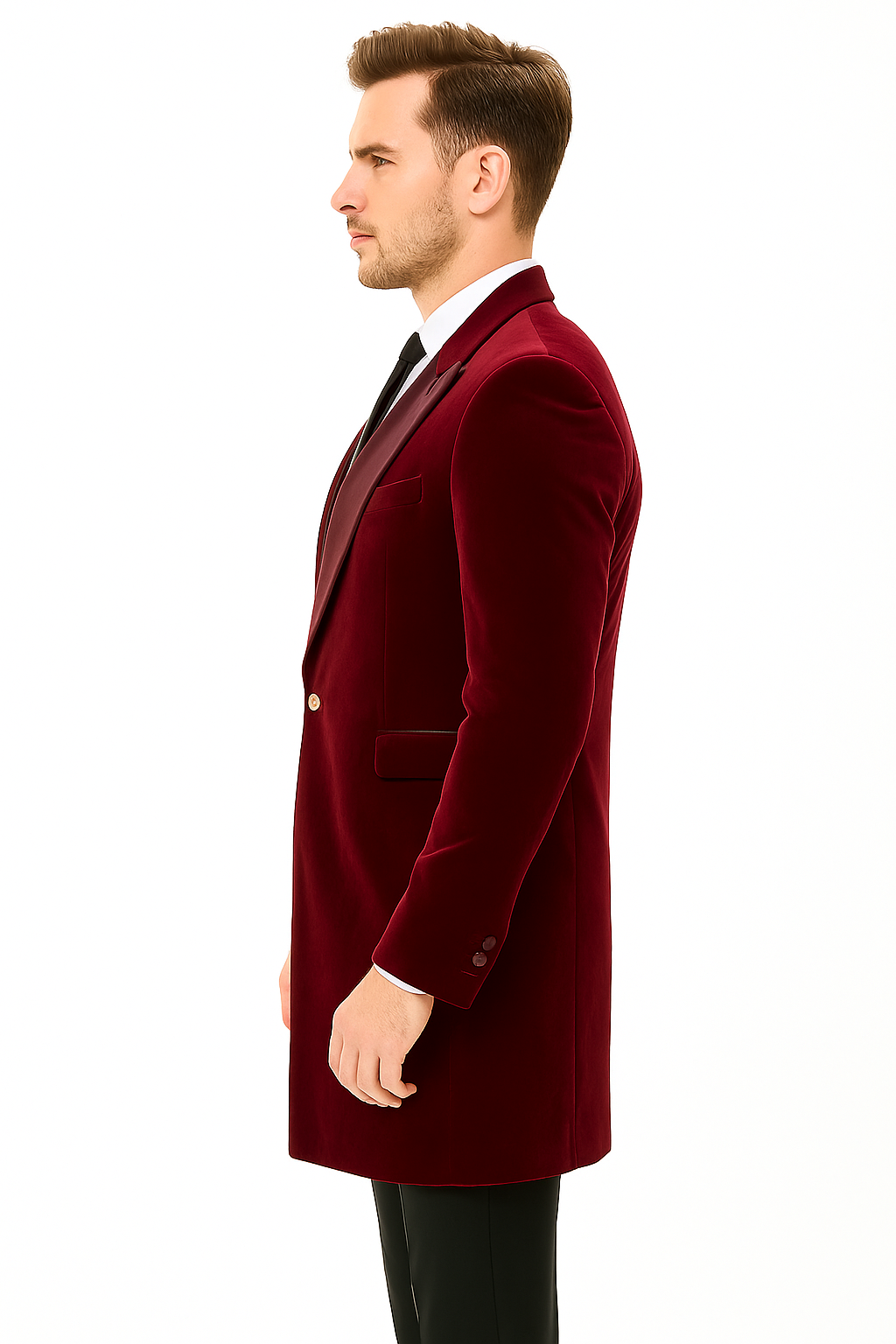 Men’s Burgundy Tuxedo in  Velvet  Long Blazer – Victorian Cutaway Tuxedo  Suit 1920s Gangster Style Long Jacket with Black Pants