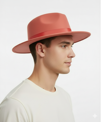 Men’s Coral Pink Wide Brim Fedora Hat – Wool Felt Dress Hat with Red Ribbon Band 3   - from alligatorwarehouse.com