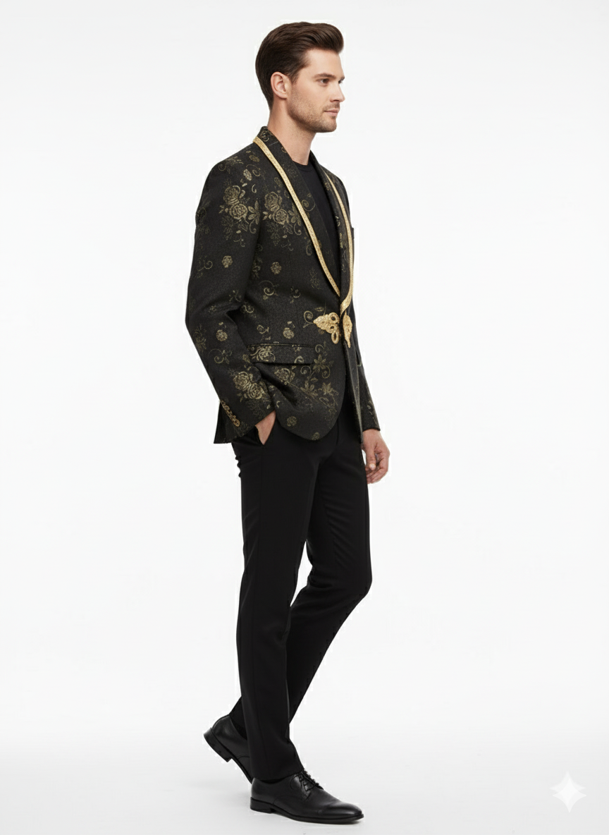 Men’s Black and Gold Embroidered Luxury Blazer – Designer Floral Pattern Wedding & Party Jacket (Sim534)