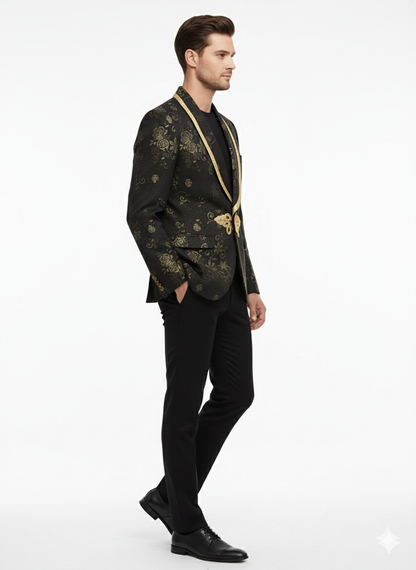 Men’s Black and Gold Embroidered Luxury Blazer – Designer Floral Pattern Wedding & Party Jacket (Sim534)