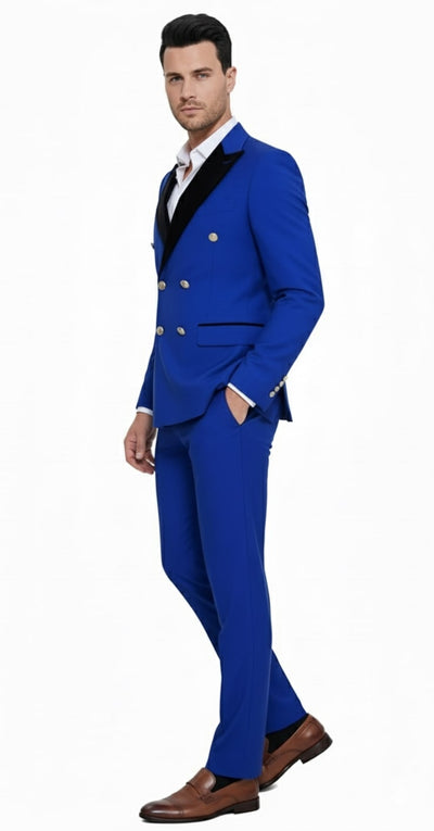 Mens Royal Blue Double-Breasted Tuxedo Suit – Modern Slim Fit Formal Wedding and Prom Outfit with Black Satin Lapel 2   - from alligatorwarehouse.com