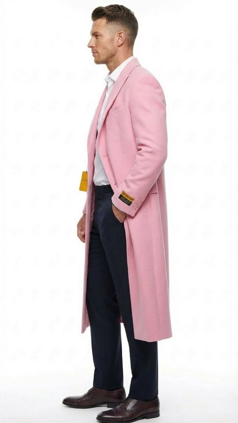 Men’s Pink Wool Blend Long Overcoat – Slim Fit Tailored Winter Coat - Carcoat - Topcoat