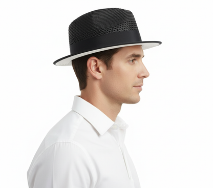 Men’s Two-Tone Black and White Fedora Hat with Feather Accent – Stylish Summer Dress Hat