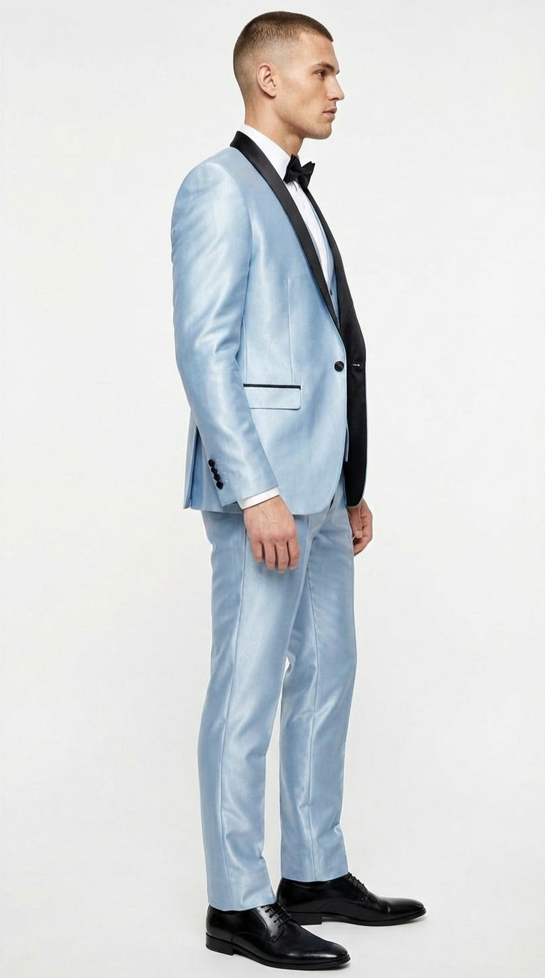 Men’s Light Blue Shiny 3 Piece Suit with Black Shawl Lapel | Formal Wedding Prom Suit - Sateen Sharskin Suit