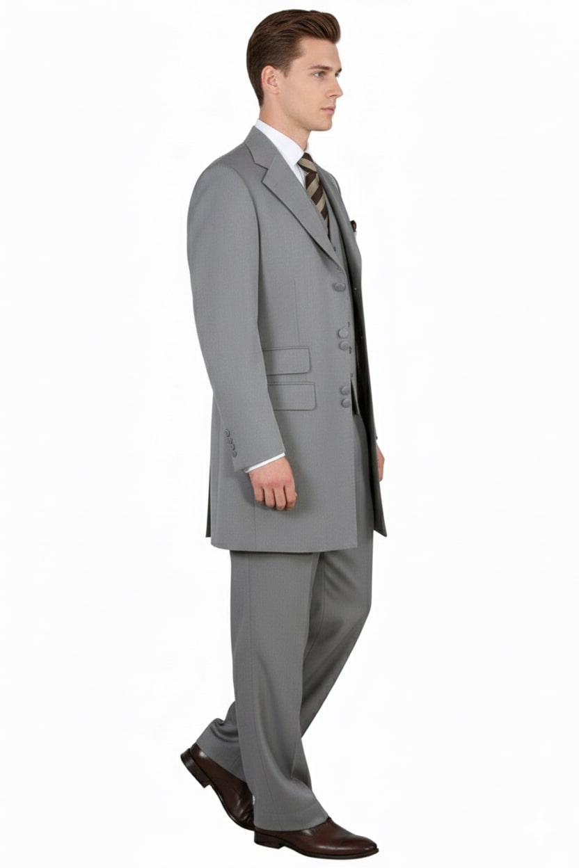 Mens Zoot Suit - Light Gray 3-Piece Suit with Vest – Classic Business and Wedding Formal Wear - 1920s Fashion