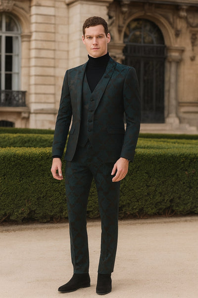 Men’s Emerald Green Floral Jacquard 3-Piece Tuxedo Suit – Slim Fit Formal Set with Blazer, Vest, and Pants Paisley Fabric - Ultra slim fitted 3   - from alligatorwarehouse.com