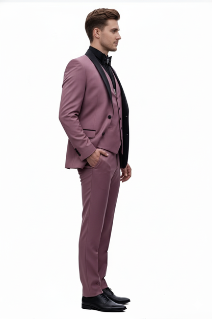 Men's Rose Pink Tuxedo Suit – Luxury Three-Piece Formal Wear with Black Satin Lapel Dusty Mauve Color