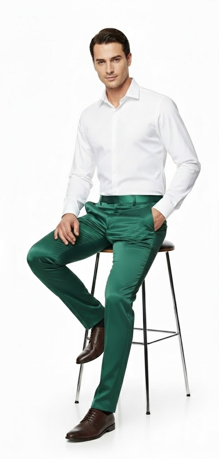 Mens Emerald Green Satin Slim Fit Dress Pants – Shiny Formal Party and Wedding Trousers