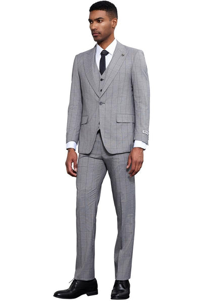 Men's Stacy Adams Modern Fit Vested Tonal Windowpane Plaid Suit in Light Grey 2 SM186H1-02-38R  - from alligatorwarehouse.com