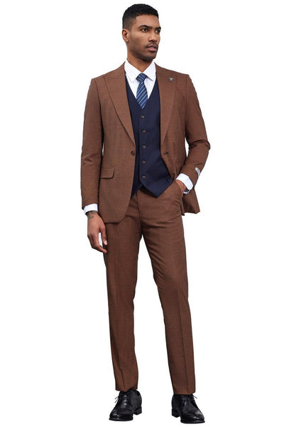 Men's Stacy Adams One Button Peak Lapel Vested Micro Check in Cognac Brown with a Navy Vest 3 SM183H1-04-38R  - from alligatorwarehouse.com
