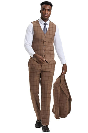 Men's Stacy Adams One Button Vested Suit in Light Brown Windowpane Plaid