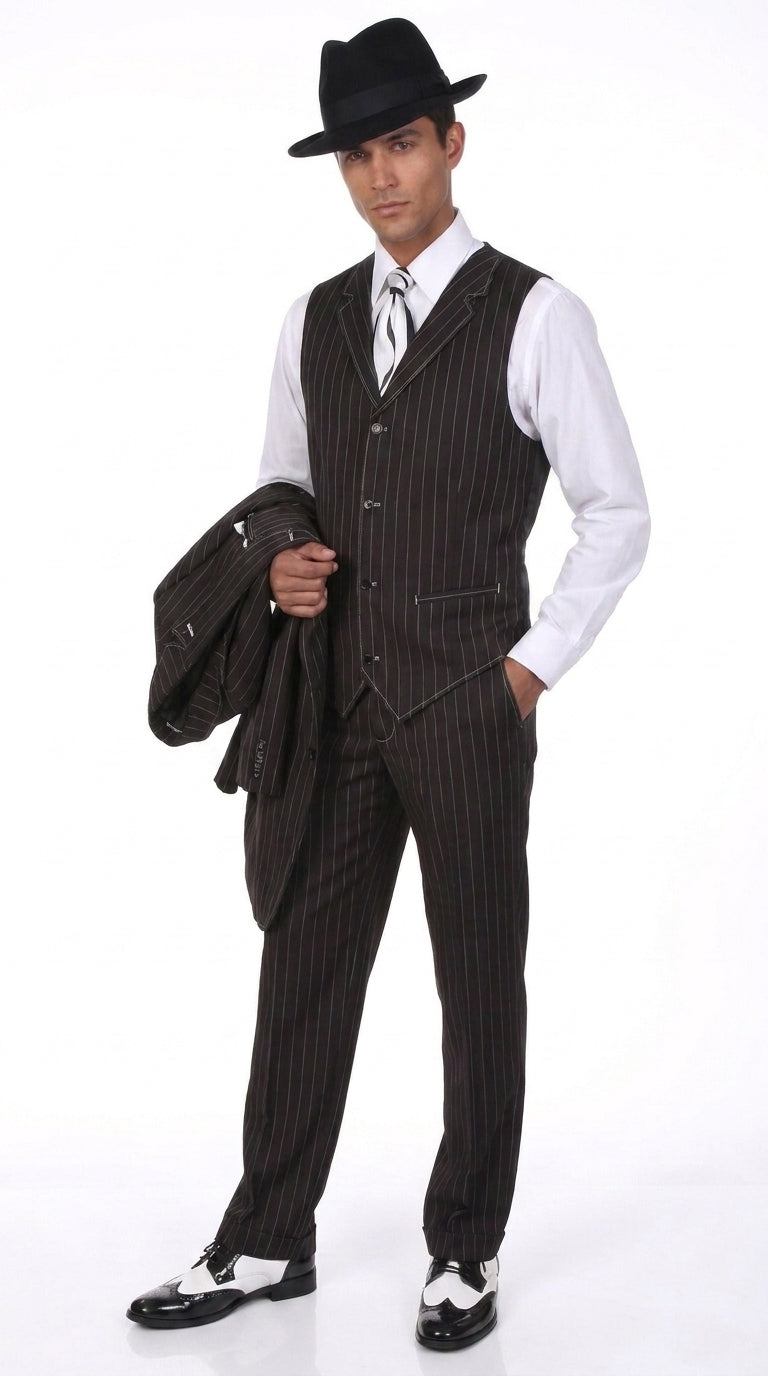 Men’s Black Pinstripe Zoot Suit – 3-Piece Gangster, Formal Suit 1920s Pimp Suit