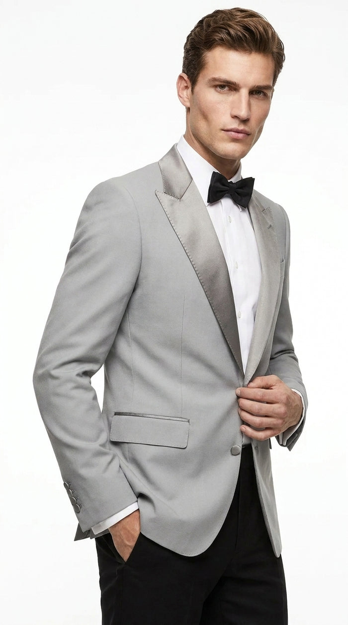 Men’s Silver Dinner Jacket – Satin Peak Lapel Tuxedo Blazer for Weddings, Prom & Formal Events in color silver grey