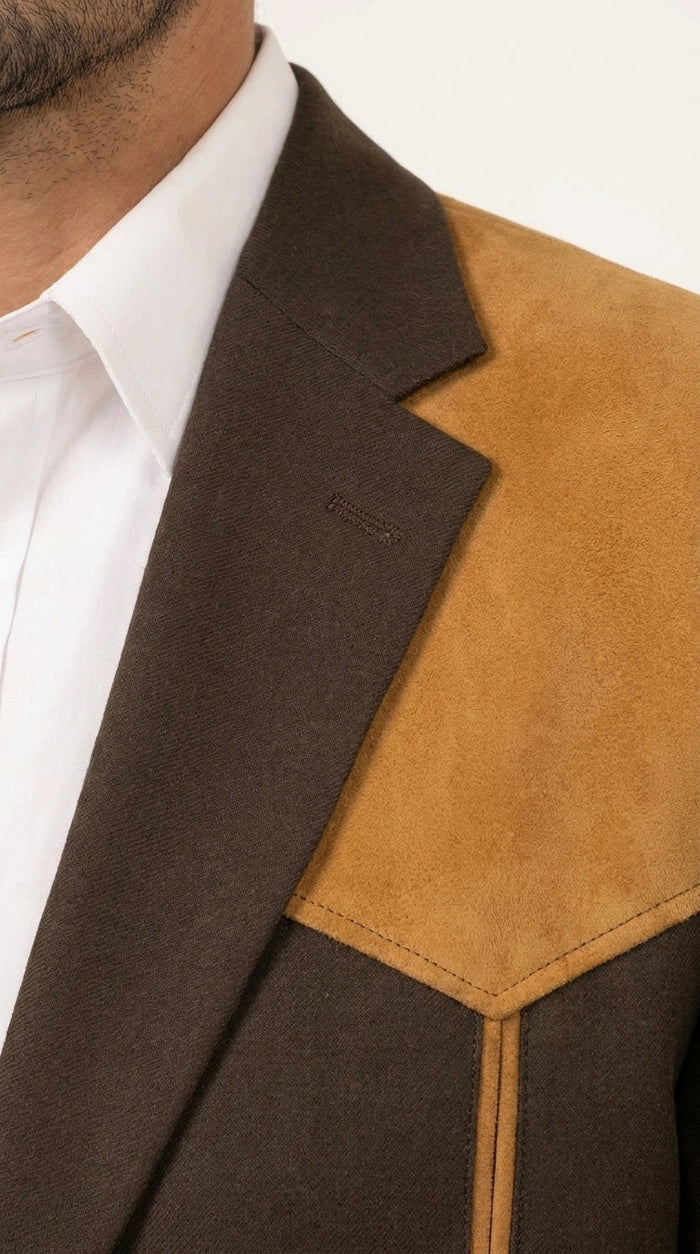 Men’s Chocolate Brown Western Blazer – Cowboy Sport Coat with Tan Suede Yoke for Rodeo & Country Wear