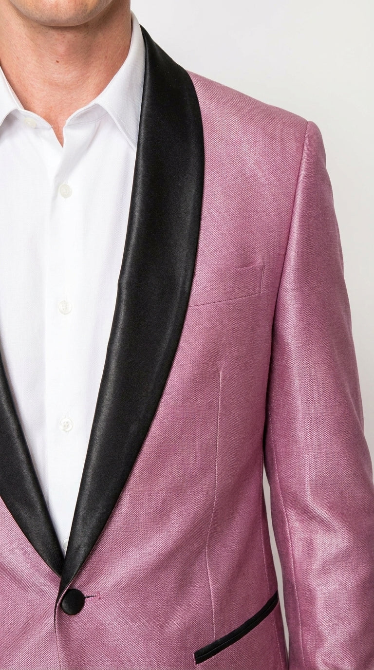 Men’s Shiny Pink Tuxedo Dinner Jacket with Black Pants – Shawl Lapel Formal Tuxedo