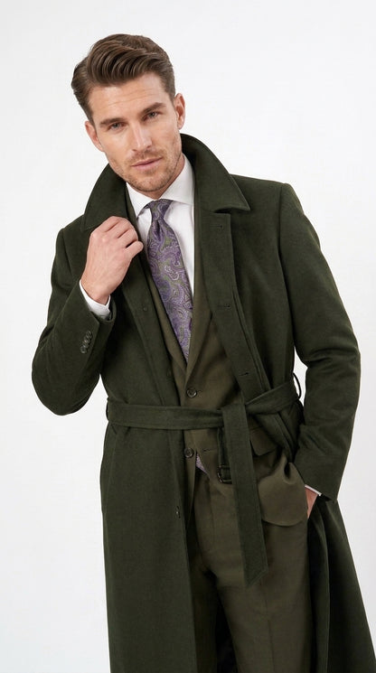 Men’s Blade Runner K Inspired Olive Green Wool Duster Coat – Long Vintage Sci-Fi Overcoat