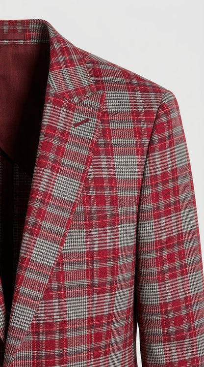 Men's Red Tartan Plaid Blazer Checkered Sport Coat Holiday New Year Gray Windowpane