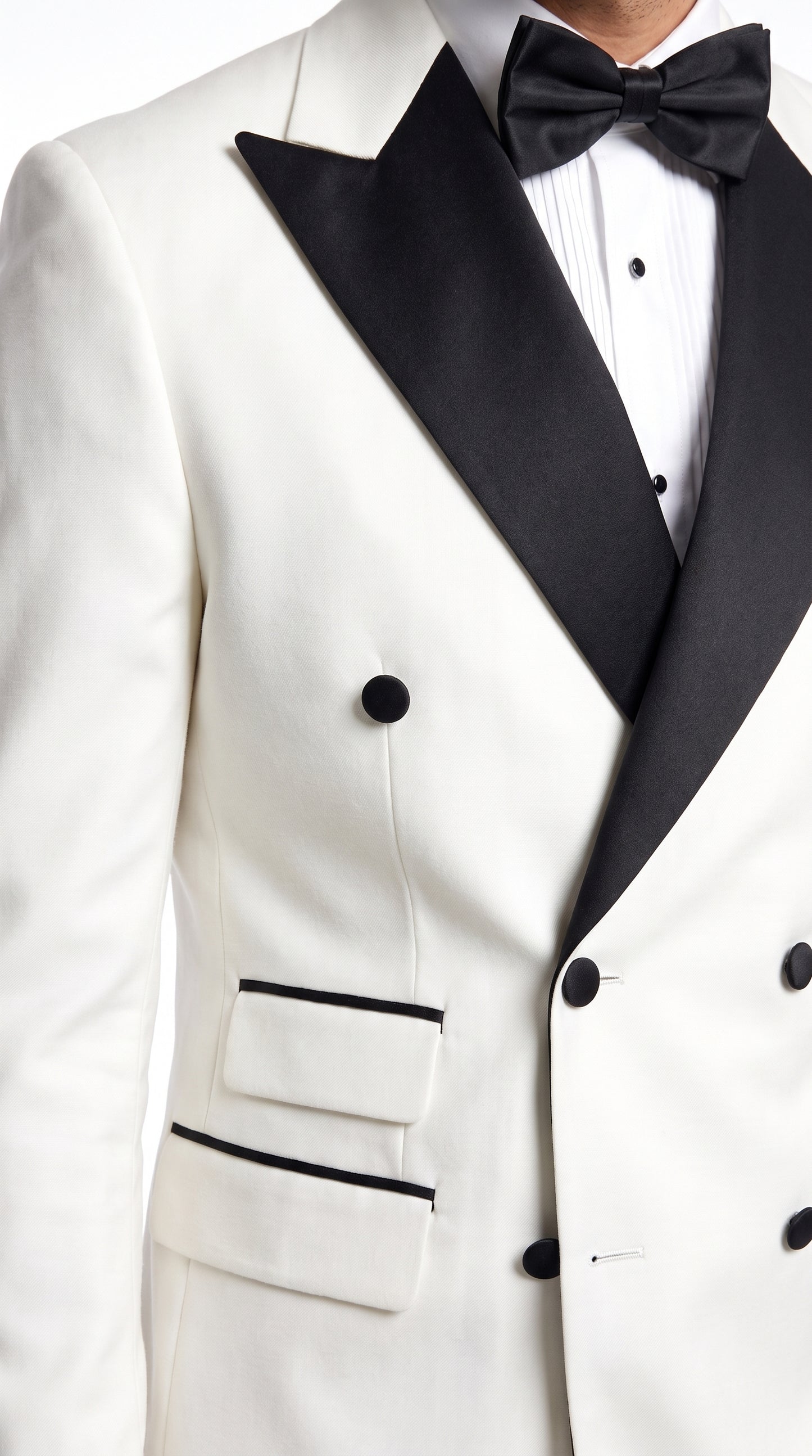 Men’s Vintage Hollywood Ivory Double-Breasted Tuxedo – Black Peak Lapel Wedding and Formal Suit