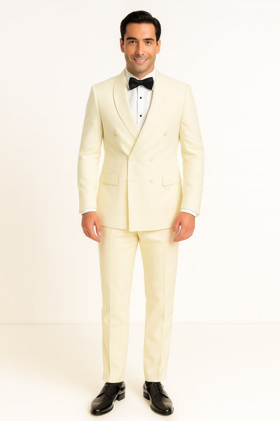 Mens Off-White Double Breasted Tuxedo Jacket with Shawl Lapel | Formal Wedding Suit in Ivory Cream Color 3   - from alligatorwarehouse.com