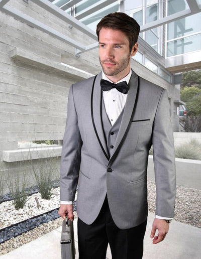 Mens Vested Wool Tuxedo in Shawl Lapel with Satin Trim in Grey & Black 1 GENOVA_GREY_38S  - from alligatorwarehouse.com