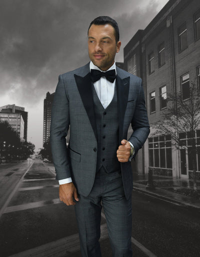 Mens 1 Button Peak Lapel Vested Wool Tuxedo in Grey 1 DR-0509  - from alligatorwarehouse.com